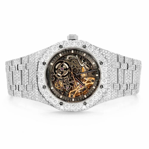 PJ AP Mens Moissanite Watch Silver Tone Exposed Movement Full Diamond Octagon Case Pave Setting Iced Watch Luxury Integrated Bracelet