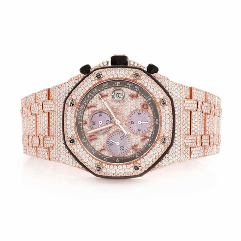 PJ APMens Moissanite Watch Rose Gold Chronograph Pink Dial Full Diamond Pave Setting Iced Watch Luxury Sport Octagonal