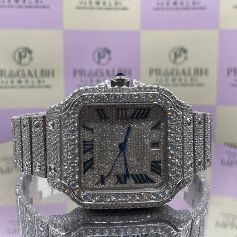 PJ Ca*ti*r Large Custom Diamond-Set Steel Watch Sa*tos with Smoky Green Dial