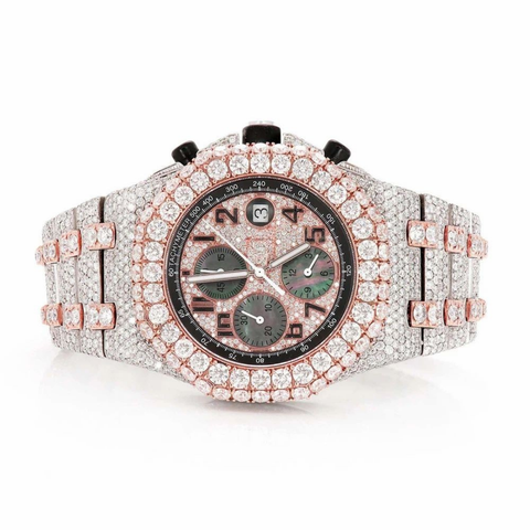 PJ AP Mens Moissanite Watch Two Tone Rose Gold Chronograph Full Diamond Pave Setting Iced Watch Luxury Sport Octagonal Integrated Bracelet