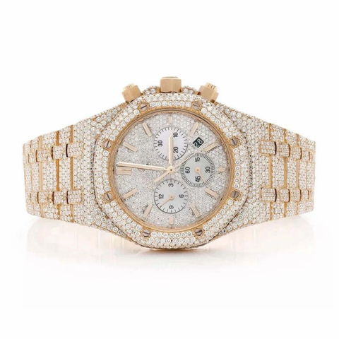 PJ APMens Moissanite Watch Yellow Gold Octagonal Chronograph Full Diamond Pave Setting Iced Watch Luxury Sport Integrated Bracelet