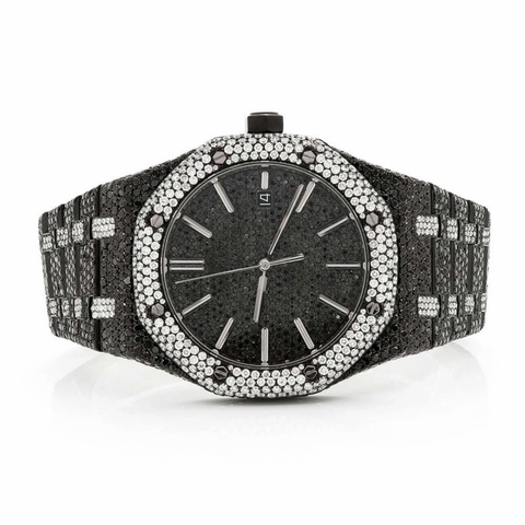 PJ AP Mens Moissanite Watch Black Iced Out White Diamond Octagon Case Full Pave Setting Iced Watch Luxury High Contrast