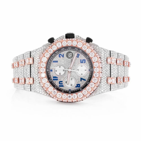 PJ AP Mens Moissanite Watch Two Tone Rose Gold Chronograph Full Diamond Pave Setting Iced Watch Luxury Sport Diamond Bezel