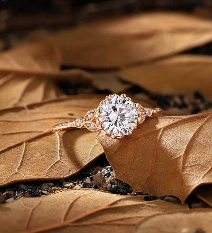 Vintage Round Lab Grown engagement ring rose gold Art deco Milgrain Diamond floral ring unique Promise Anniversary bridal ring