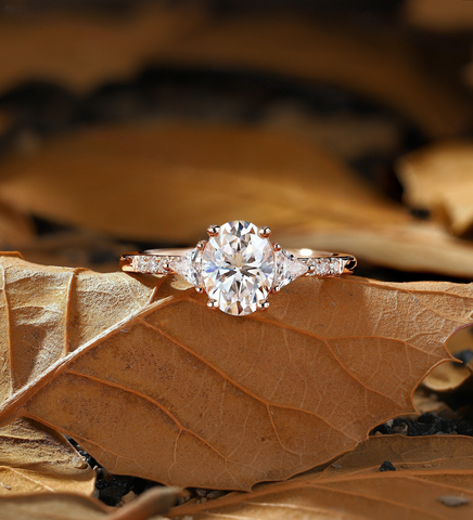 Vintage Oval Lab Grown Engagement Ring Rose Gold Art Deco Triangle Pave Ring Unique Classic Anniversary Promise Bridal Ring