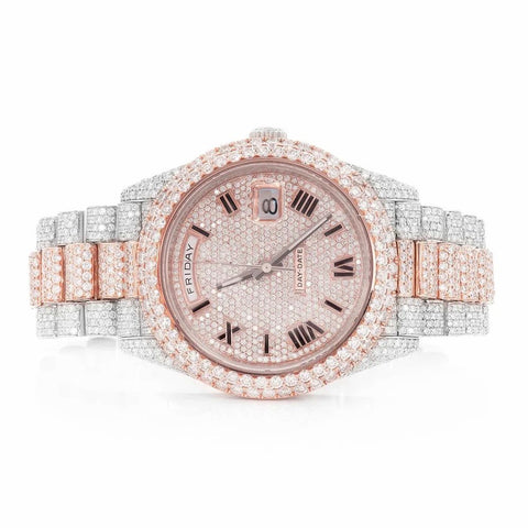 PJ R*L*X Mens Moissanite Watch Two Tone Rose Gold Full Diamond Pave Setting Day Date Roman Numerals Iced Watch Luxury Presidential Bracelet Monochromatic