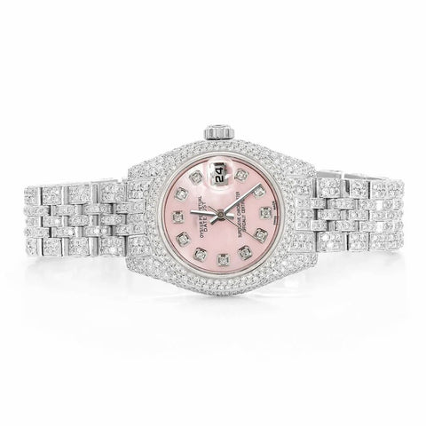PJ R*l*x Womens Moissanite Watch Silver Tone Pink MOP Dial Full Diamond Pave Setting Iced Watch Luxury Jubilee Bracelet Diamond Markers