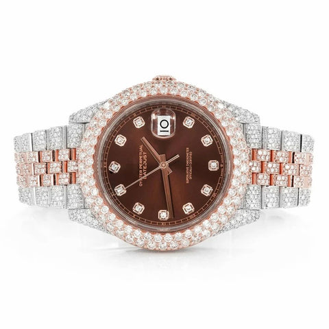PJ R*L*X Mens Moissanite Watch Two Tone Rose Gold Chocolate Dial Full Diamond Pave Setting Iced Watch Luxury Jubilee Bracelet