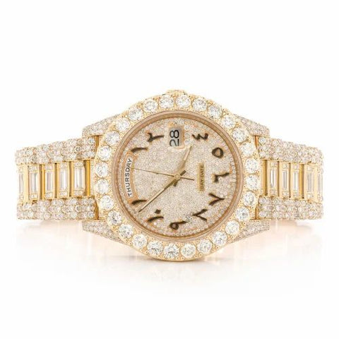 PJ R*L*X Mens Moissanite Watch Yellow Gold Arabic Numerals Baguette Diamond Day Date Full Pave Setting Iced Watch Luxury Multi Function