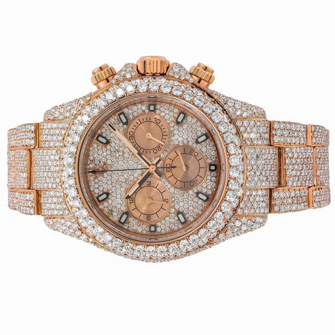 PJ R*L*X Mens Moissanite Watch Rose Gold Chronograph Full Diamond Pave Setting Iced Watch Luxury Sport Monochromatic Stainless Steel