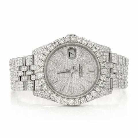 PJ R*L*X Mens Moissanite Watch Silver Tone Full Diamond Jubilee Bracelet Pave Setting Iced Watch Luxury Stainless Steel Monochromatic