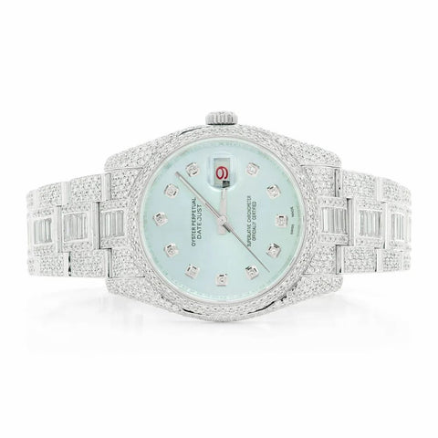 PJ R*L*X Mens Moissanite Watch Tiffany Blue Dial Baguette Diamond Full Pave Setting Iced Watch Luxury Stainless Steel Trending Color
