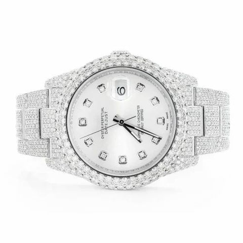 PJ R*L*X Mens Moissanite Watch Silver Tone Full Diamond White Dial Pave Setting Iced Watch Luxury Stainless Steel Monochromatic