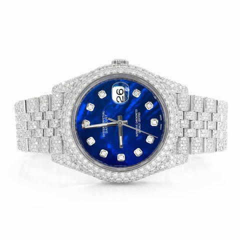 PJ R*l*x Mens Moissanite Watch Silver Tone Blue MOP Dial Full Diamond Pave Setting Iced Watch Luxury Jubilee Bracelet Diamond Markers