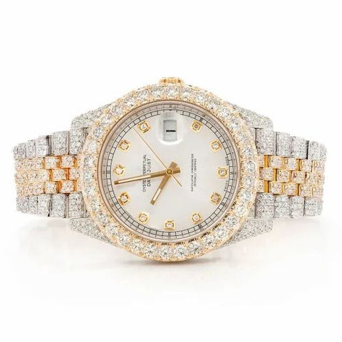 PJ R*l*x Mens Moissanite Watch Two Tone Yellow Gold Full Diamond Pave Setting Iced Watch Luxury Jubilee Bracelet Diamond Markers
