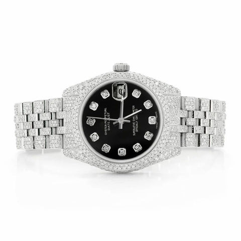 PJ R*L*X Mens Moissanite Watch Silver Tone Full Diamond Black Dial Pave Setting Iced Watch Luxury Jubilee Bracelet Diamond Markers