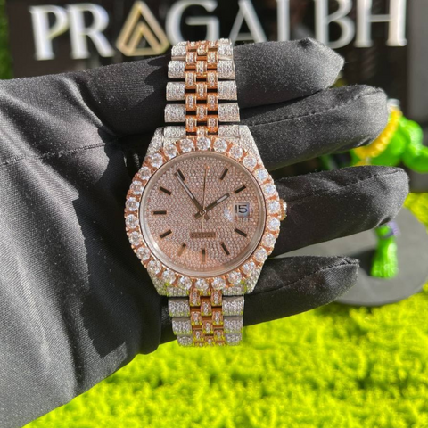 rose gold iced out diamond watch front view by pragalbh jewels luxury hip hop jewelry design