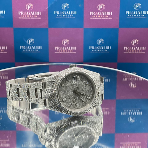 front angled view of silver iced out diamond watch by pragalbh jewels luxury timepiece design