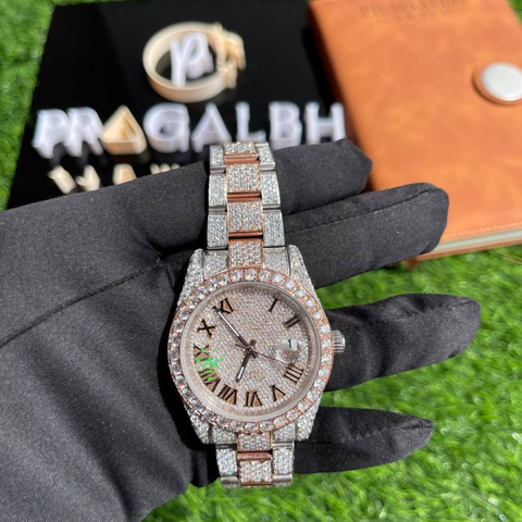 luxury two tone iced out diamond watch front view by pragalbh jewels handcrafted for men