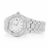 PJ AP Mens Moissanite Watch Silver Tone Full Diamond White Dial Octagon Case Pave Setting Iced Watch Luxury Integrated Bracelet