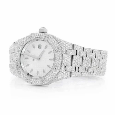 PJ AP Mens Moissanite Watch Silver Tone Full Diamond White Dial Octagon Case Pave Setting Iced Watch Luxury Integrated Bracelet