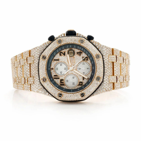 PJ APMens Moissanite Watch Yellow Gold Chronograph Full Diamond Octagon Case Black Accent Pave Setting Iced Watch Luxury Sport