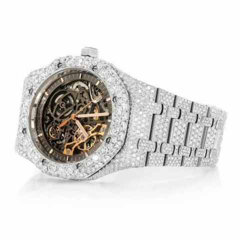 PJ AP Mens Moissanite Watch Silver Tone Exposed Movement Full Diamond Octagon Case Pave Setting Iced Watch Luxury Integrated Bracelet