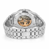 PJ AP Mens Moissanite Watch Silver Tone Exposed Movement Full Diamond Octagon Case Pave Setting Iced Watch Luxury Integrated Bracelet