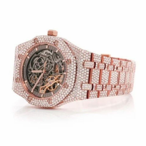 PJ AP Mens Moissanite Watch Rose Gold Exposed Movement Full Diamond Octagon Case Pave Setting Iced Watch Luxury Integrated Bracelet