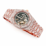 PJ AP Mens Moissanite Watch Rose Gold Exposed Movement Full Diamond Octagon Case Pave Setting Iced Watch Luxury Integrated Bracelet