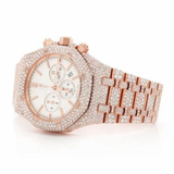 PJ AP Mens Moissanite Watch Rose Gold Chronograph White Dial Full Diamond Pave Setting Iced Watch Luxury Sport Octagonal