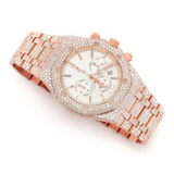 PJ AP Mens Moissanite Watch Rose Gold Chronograph White Dial Full Diamond Pave Setting Iced Watch Luxury Sport Octagonal
