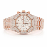 PJ AP Mens Moissanite Watch Rose Gold Chronograph White Dial Full Diamond Pave Setting Iced Watch Luxury Sport Octagonal