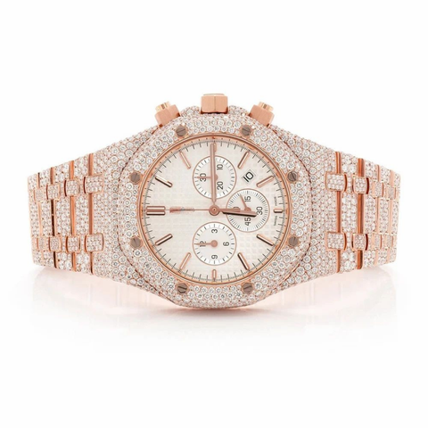 PJ AP Mens Moissanite Watch Rose Gold Chronograph White Dial Full Diamond Pave Setting Iced Watch Luxury Sport Octagonal