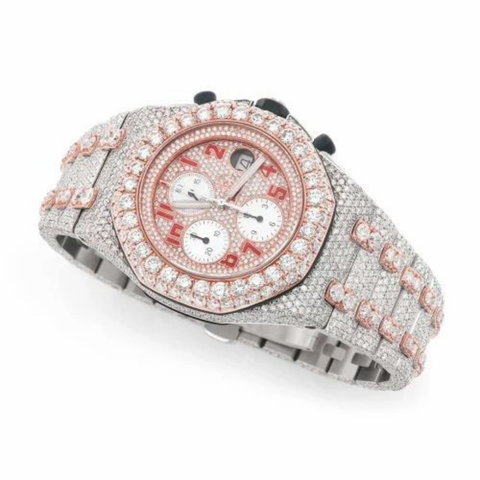 PJ VVS Mens Moissanite Watch Two Tone Rose Gold Chronograph Arabic Numerals Full Diamond Pave Setting Iced Watch Luxury Sport Octagonal