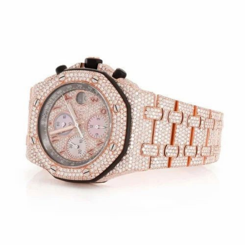 PJ APMens Moissanite Watch Rose Gold Chronograph Pink Dial Full Diamond Pave Setting Iced Watch Luxury Sport Octagonal