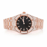 PJ AP Mens Moissanite Watch Rose Gold Black Dial Full Diamond Octagon Case Pave Setting Iced Watch Luxury Integrated Bracelet