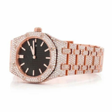 PJ AP Mens Moissanite Watch Rose Gold Black Dial Full Diamond Octagon Case Pave Setting Iced Watch Luxury Integrated Bracelet