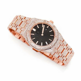 PJ AP Mens Moissanite Watch Rose Gold Black Dial Full Diamond Octagon Case Pave Setting Iced Watch Luxury Integrated Bracelet
