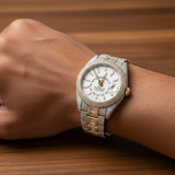 PJ R*L*X  Mens Moissanite Watch Two Tone Gold Silver Baguette Diamond GMT 24 Hour Full Pave Setting Iced Watch Luxury Multi Function