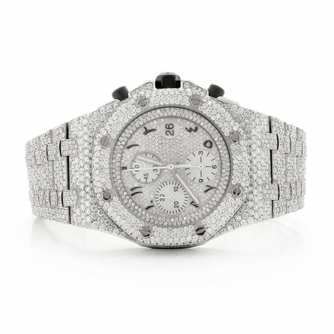 PJ AP Mens Moissanite Watch Silver Tone Octagonal Chronograph Full Diamond Pave Setting Iced Watch Luxury Sport Integrated Bracelet
