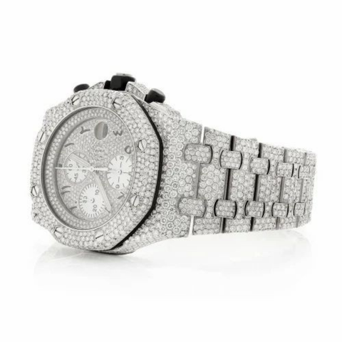 PJ AP Mens Moissanite Watch Silver Tone Octagonal Chronograph Full Diamond Pave Setting Iced Watch Luxury Sport Integrated Bracelet