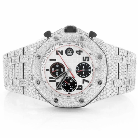 PJ AP Mens Moissanite Watch Silver Tone Octagonal Chronograph Full Diamond Pave Setting Iced Watch Luxury Sport Integrated Bracelet