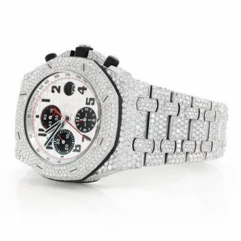 PJ AP Mens Moissanite Watch Silver Tone Octagonal Chronograph Full Diamond Pave Setting Iced Watch Luxury Sport Integrated Bracelet