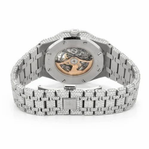PJ AP Mens Moissanite Watch Silver Tone Exposed Movement Baguette Diamond Octagon Case Full Pave Setting Iced Watch Luxury