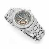 PJ AP Mens Moissanite Watch Silver Tone Exposed Movement Baguette Diamond Octagon Case Full Pave Setting Iced Watch Luxury