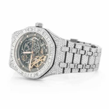 PJ AP Mens Moissanite Watch Silver Tone Exposed Movement Baguette Diamond Octagon Case Full Pave Setting Iced Watch Luxury