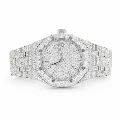 PJ AP Mens Moissanite Watch Silver Tone Full Diamond Octagon Case Pave Setting Iced Watch Luxury Integrated Bracelet Monochromatic