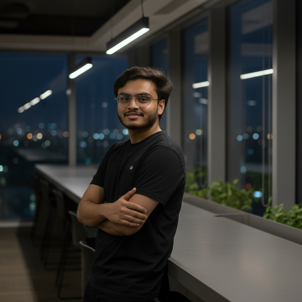 Pragalbh jewels Man standing with arms crossed in a modern office setting at night.