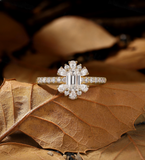 Emerald Lab Grown engagement ring Rose gold Vintage Pear & round diamond halo bridal ring Unique half eternity pave anniversary ring